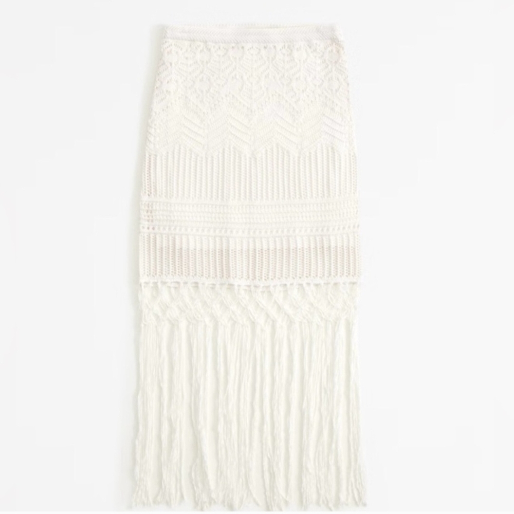 Abercrombie & Fitch White Crochet Pencil Skirt with Fringe - Picture 3 of 4
